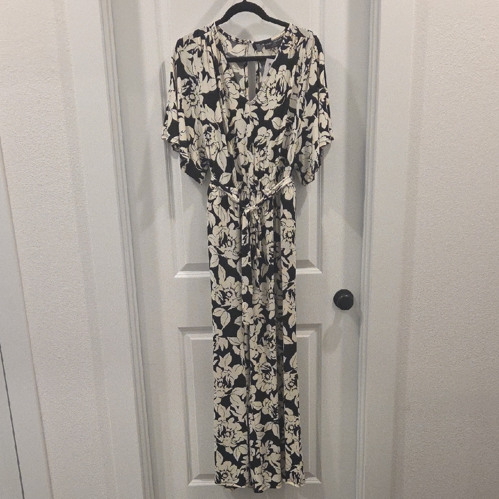 Lane Bryant Jumpsuit Black and Cream Floral with Tie Waist